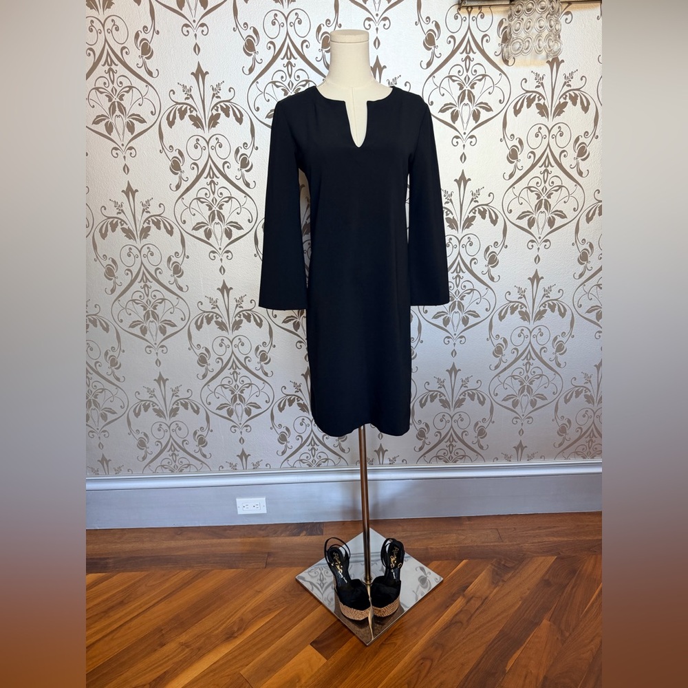 Theory Black Long Sleeve Keyhole Neck Shift Dress 4 PolyesterViscose Lycra Blend